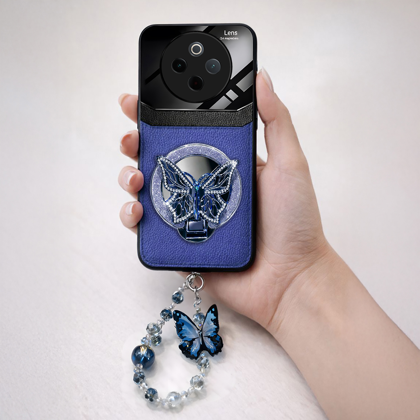 Vivo T4 5G Premium Leather Lens Butterfly Stand Case with Charm Strap