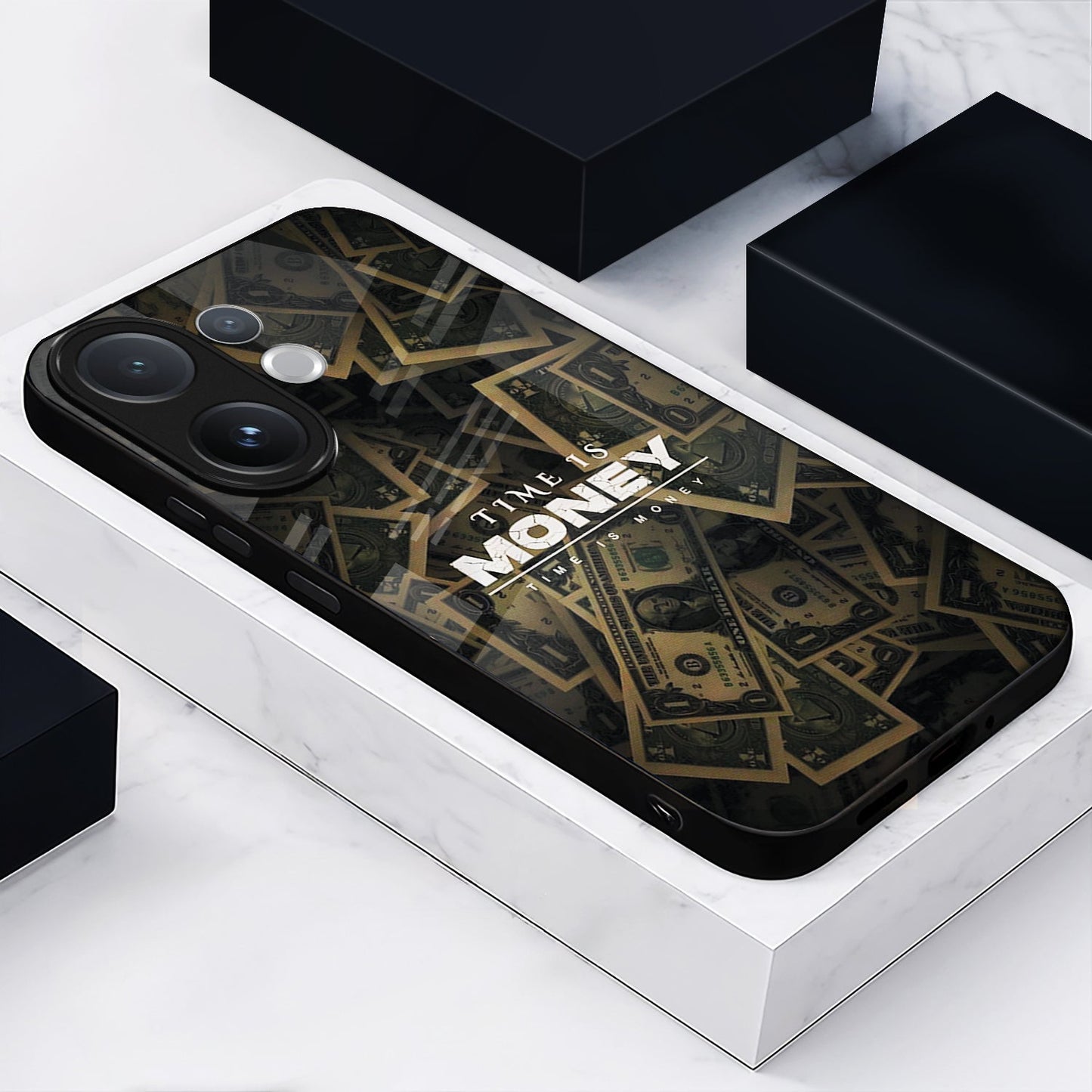 Vivo V60 5G Phone case with money design and 'Time is Money' text on a white surface