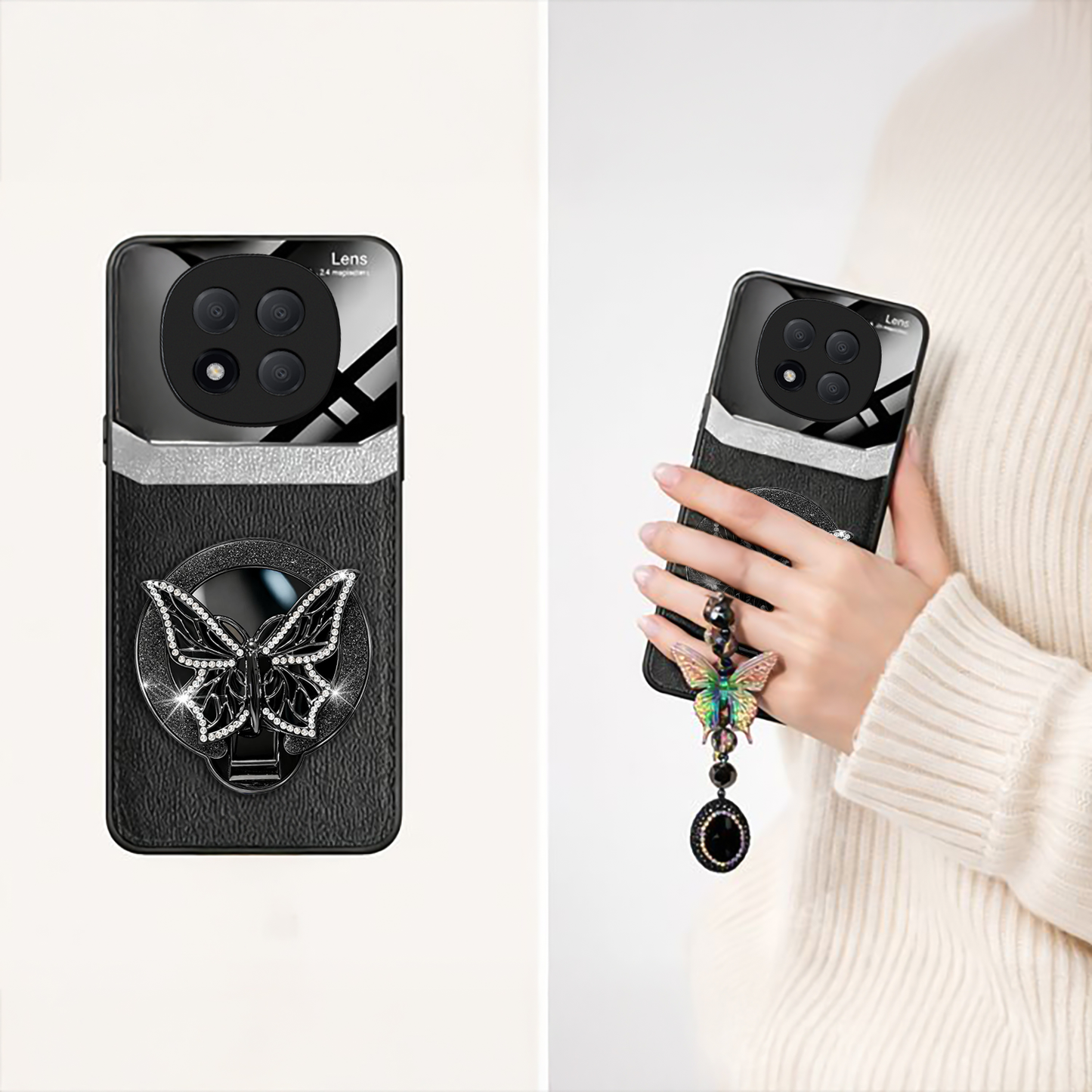 Redmi Note 14 Pro Plus 5G Premium Leather Lens Butterfly Stand Case with Charm Strap