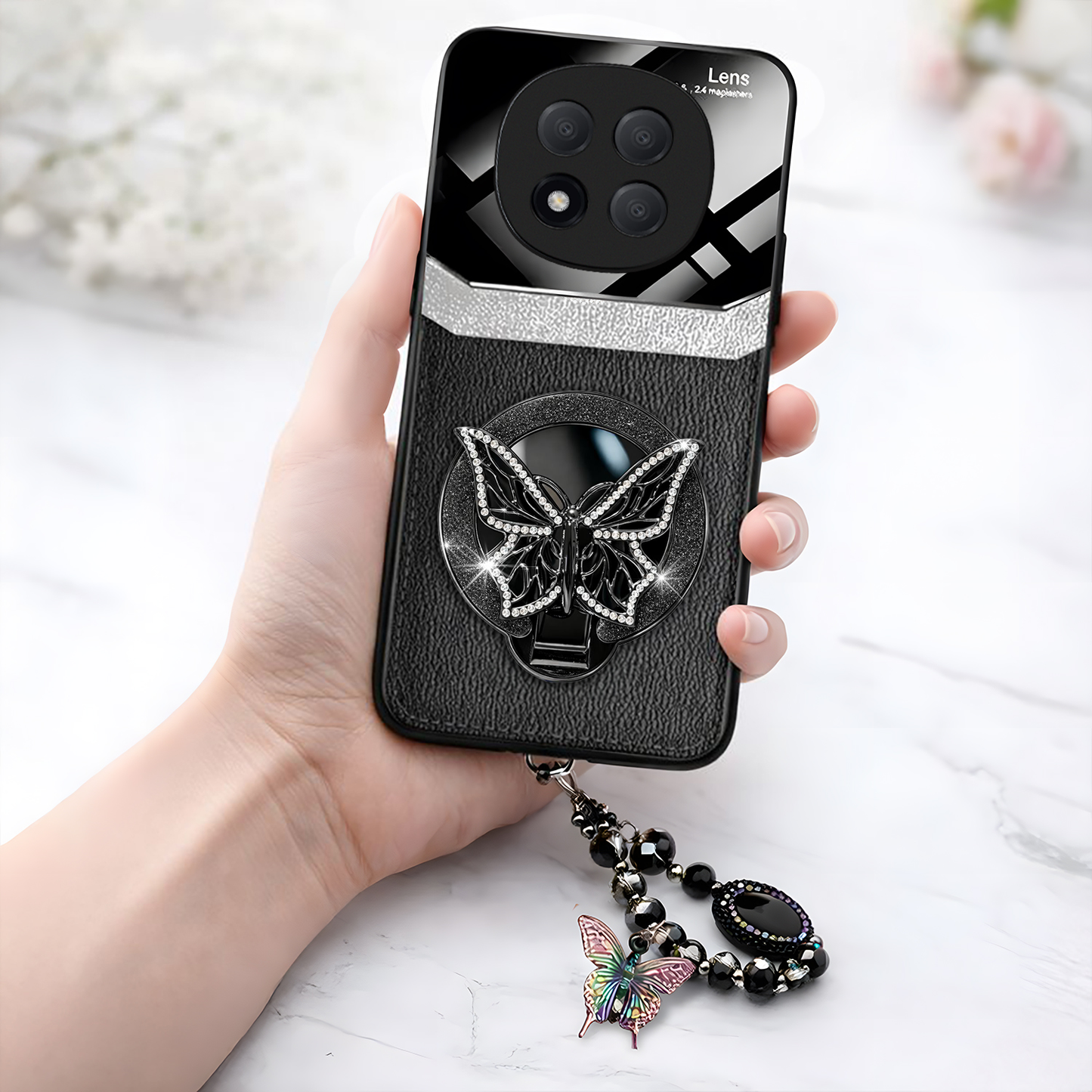 Redmi Note 14 Pro Plus 5G Premium Leather Lens Butterfly Stand Case with Charm Strap