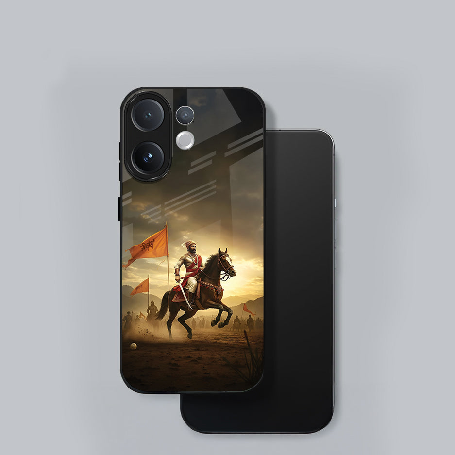 Vivo V60 5G Phone case with a warrior chatrapati shivaji on horseback design on a gray background