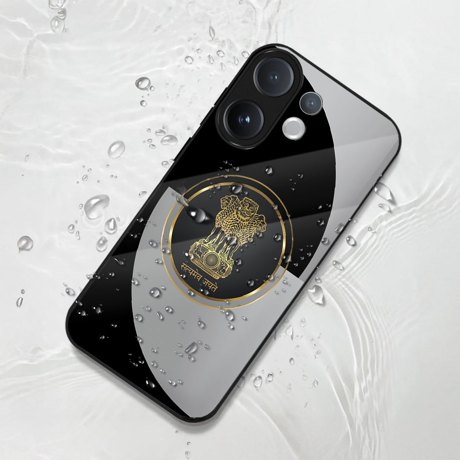 Phone case with a central emblem on a textured white background