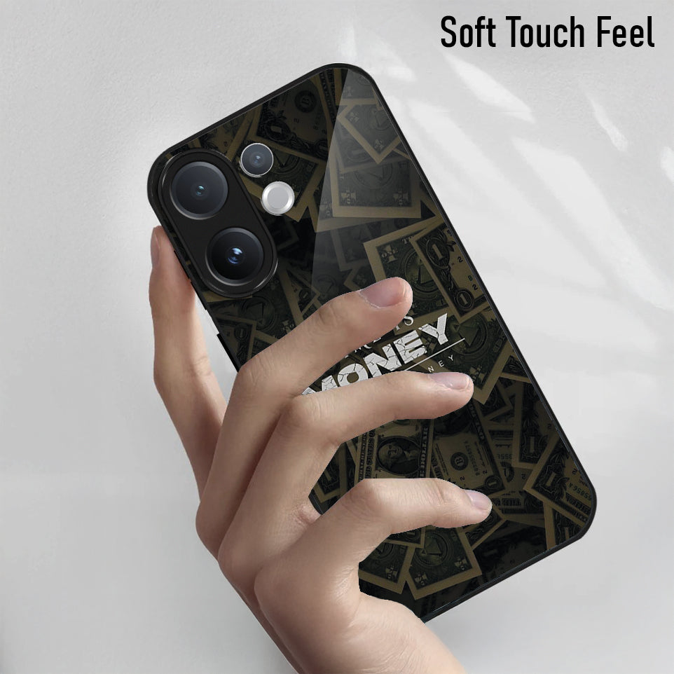 Vivo V60 5G Phone case with money design held by a hand on a light gray background