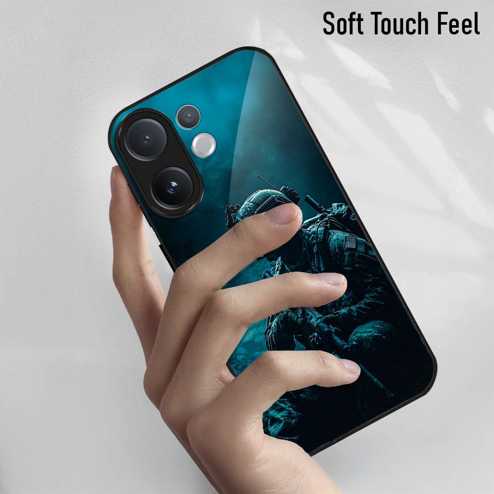 Vivo V60 5G Hand holding a phone with a blue case on a light gray background