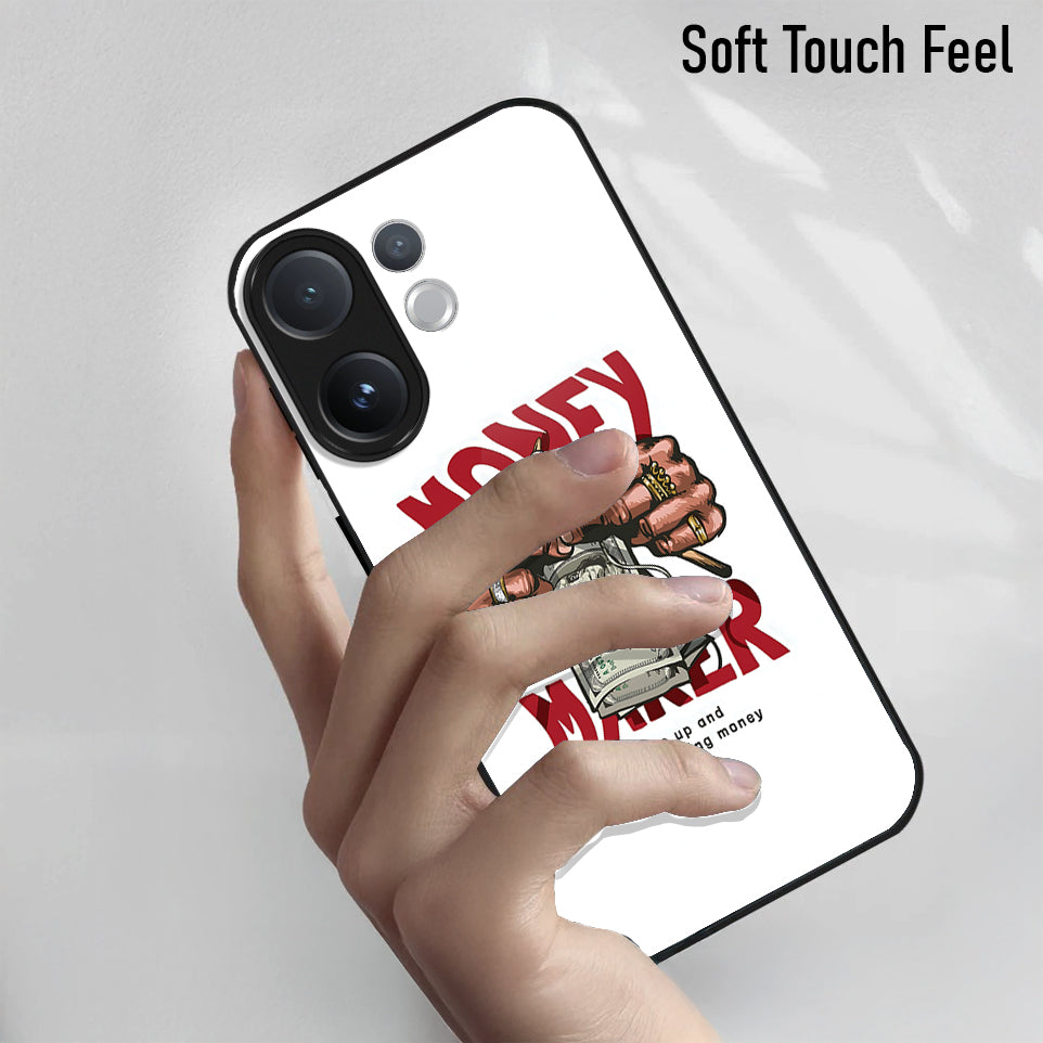 Phone case with money-themed design held by a hand on a light gray background