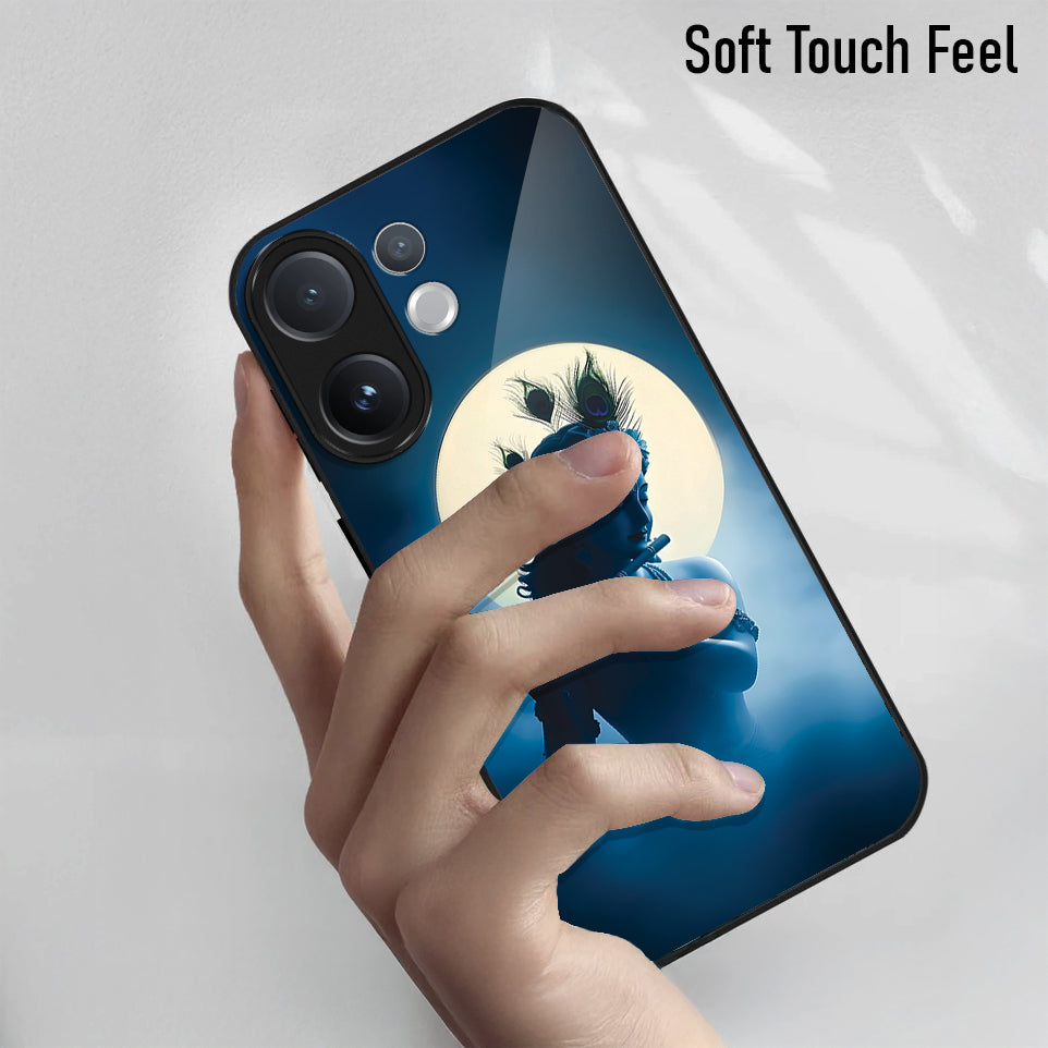 Vivo V60 5G Phone case with krishna design held by a hand, labeled 'Soft Touch Feel'.