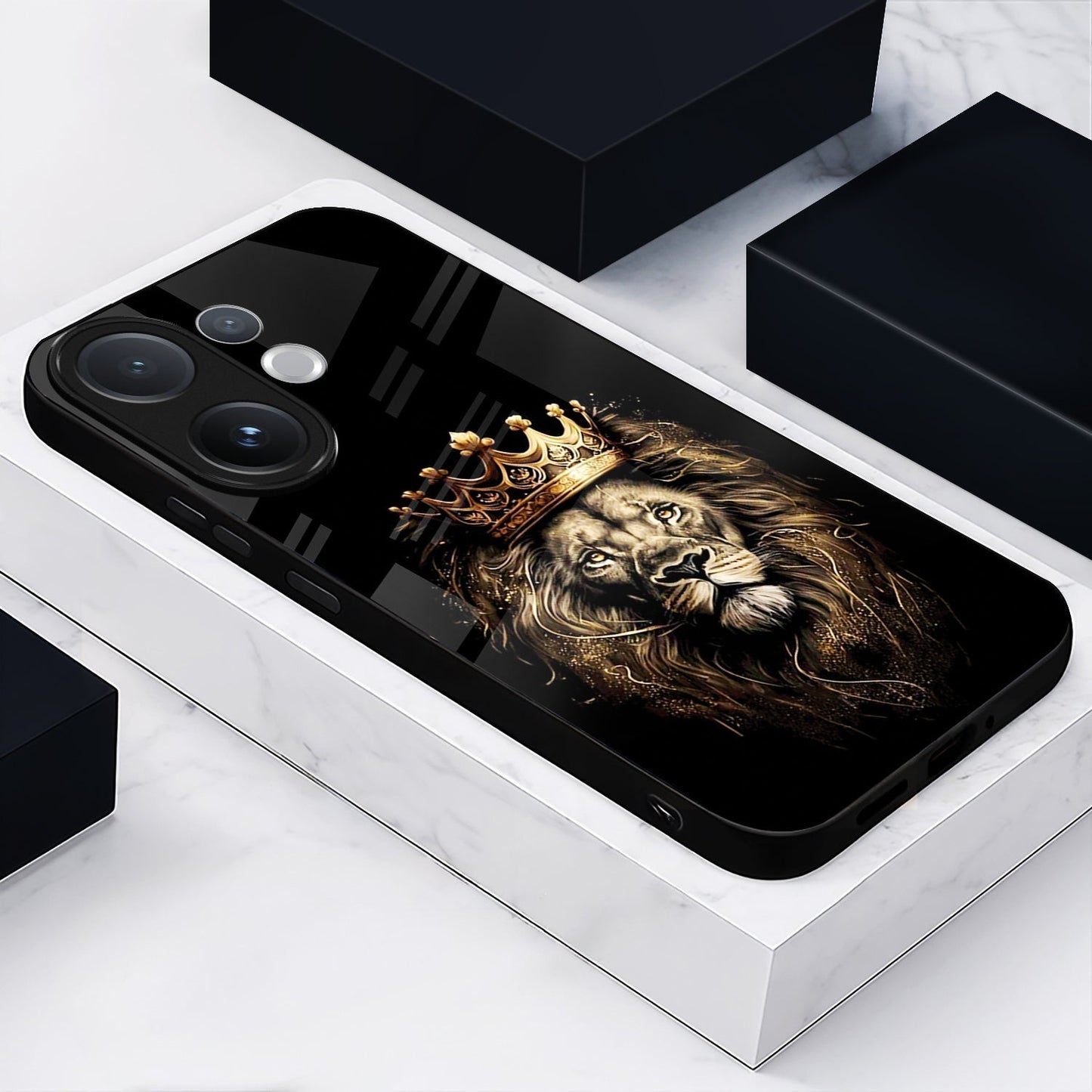 Vivo V60 5G Phone case with a lion design wearing a crown on a white surface