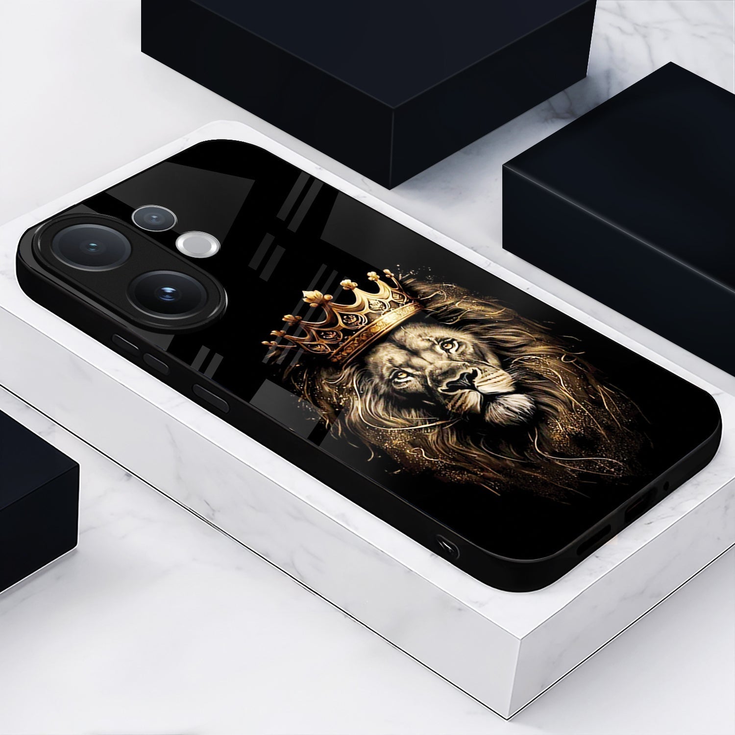 Vivo V60 5G Phone case with a lion design wearing a crown on a white surface