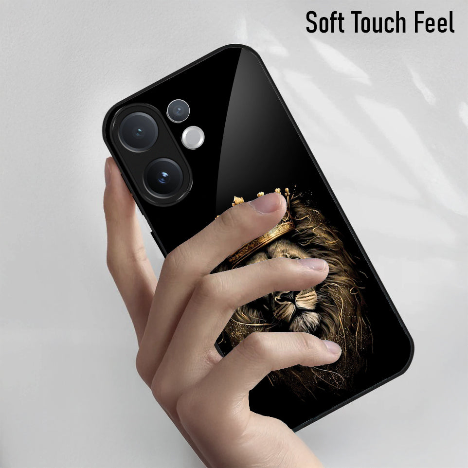 Vivo V60 5G Phone case with lion design held by a hand on a light gray background