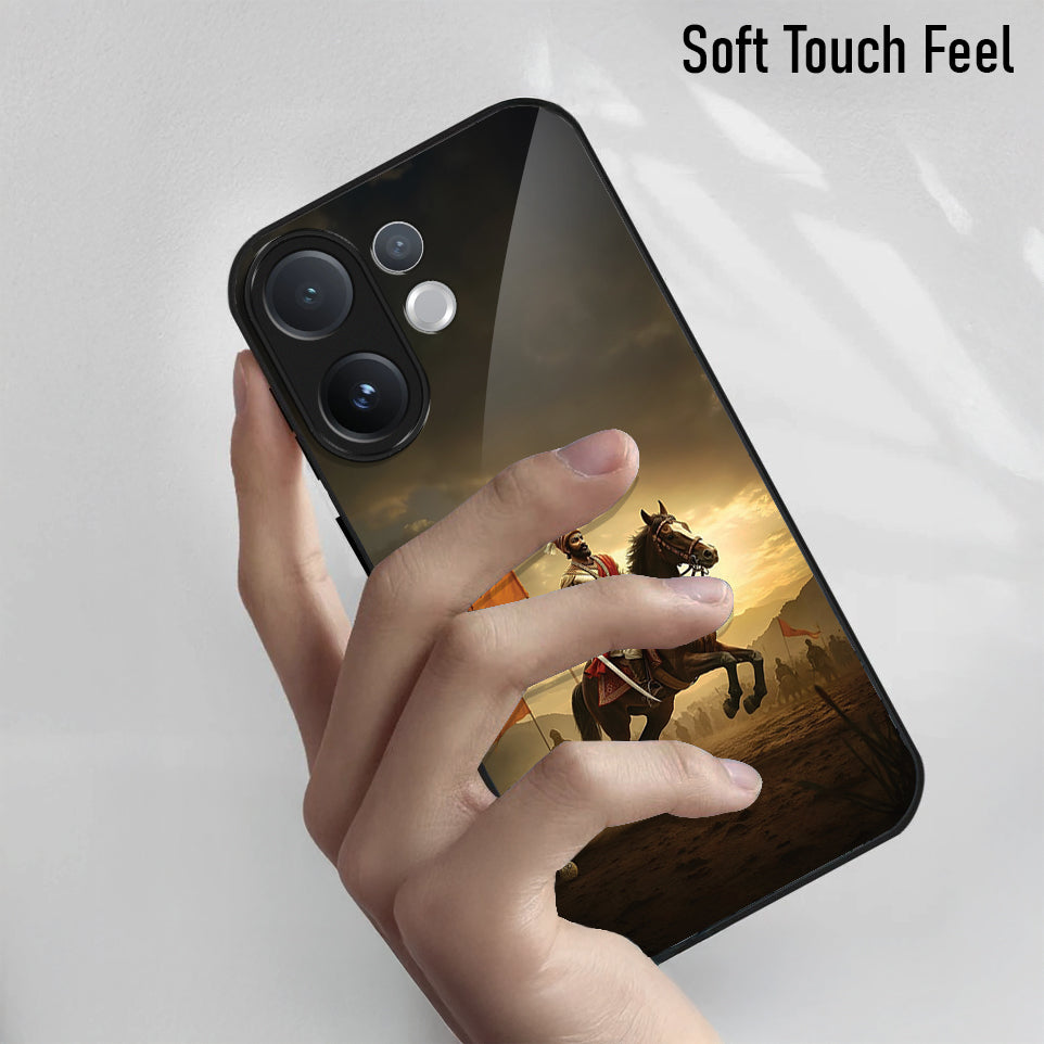 Vivo V60 5G Phone case with a horse and rider design held by a hand, on a light gray background.