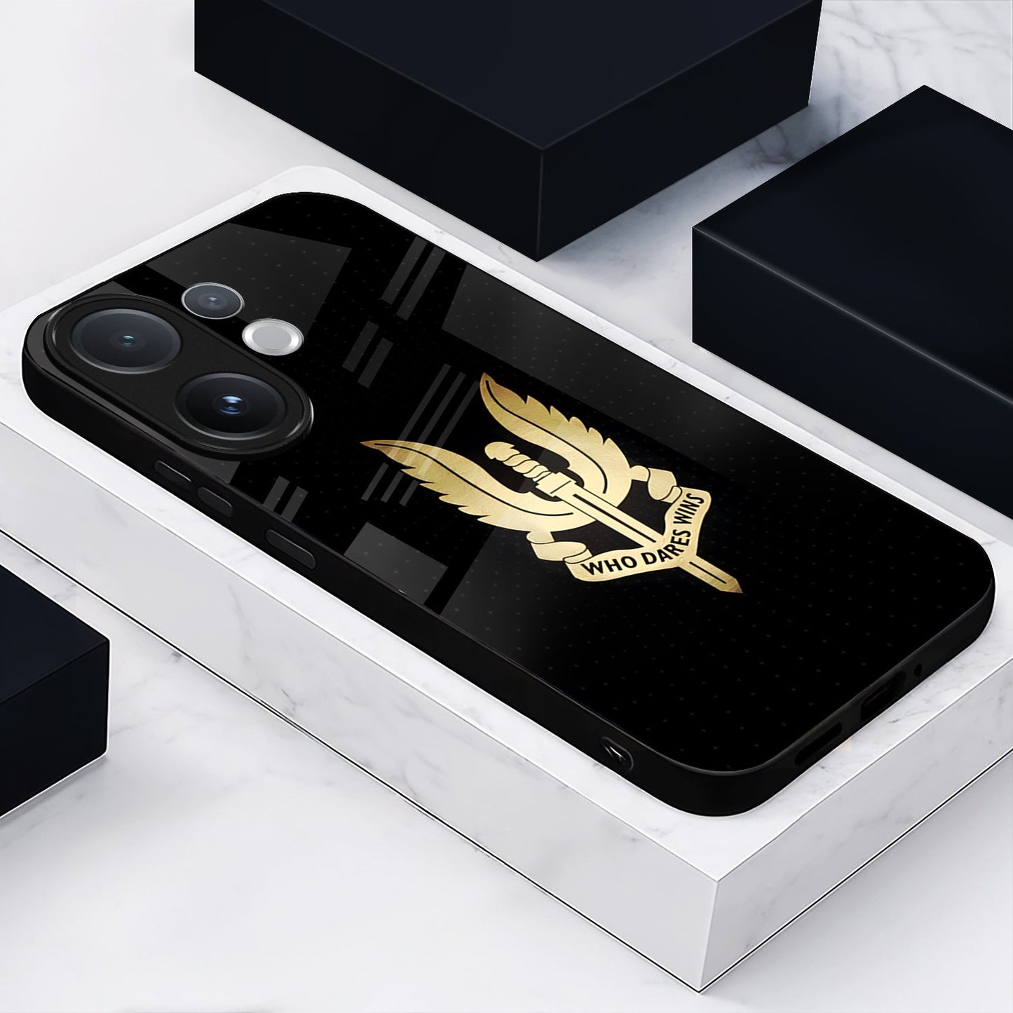 Vivo V60 5G Black phone case with gold logo and text on a white surface