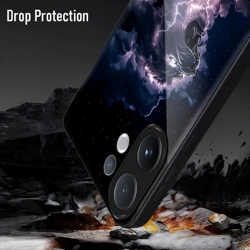 Vivo V60 5G Phone case with a tiger design on a rocky background, emphasizing drop protection.