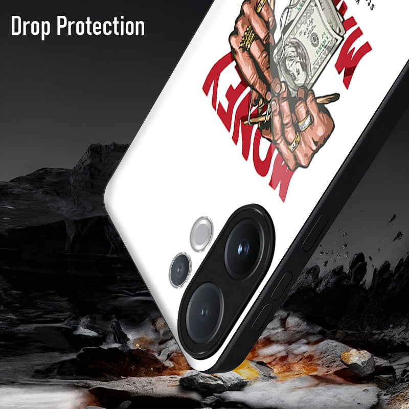 Vivo V60 5G Phone case with graphic design and 'Drop Protection' text on a rocky background