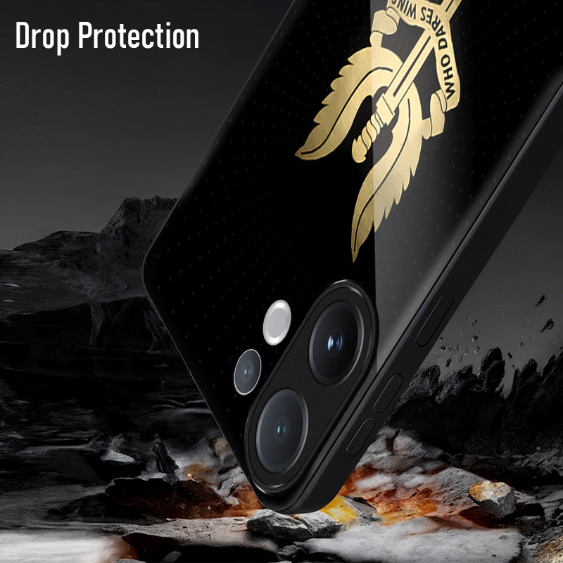 Vivo V60 5G Phone case with a logo on a rocky background, emphasizing drop protection.