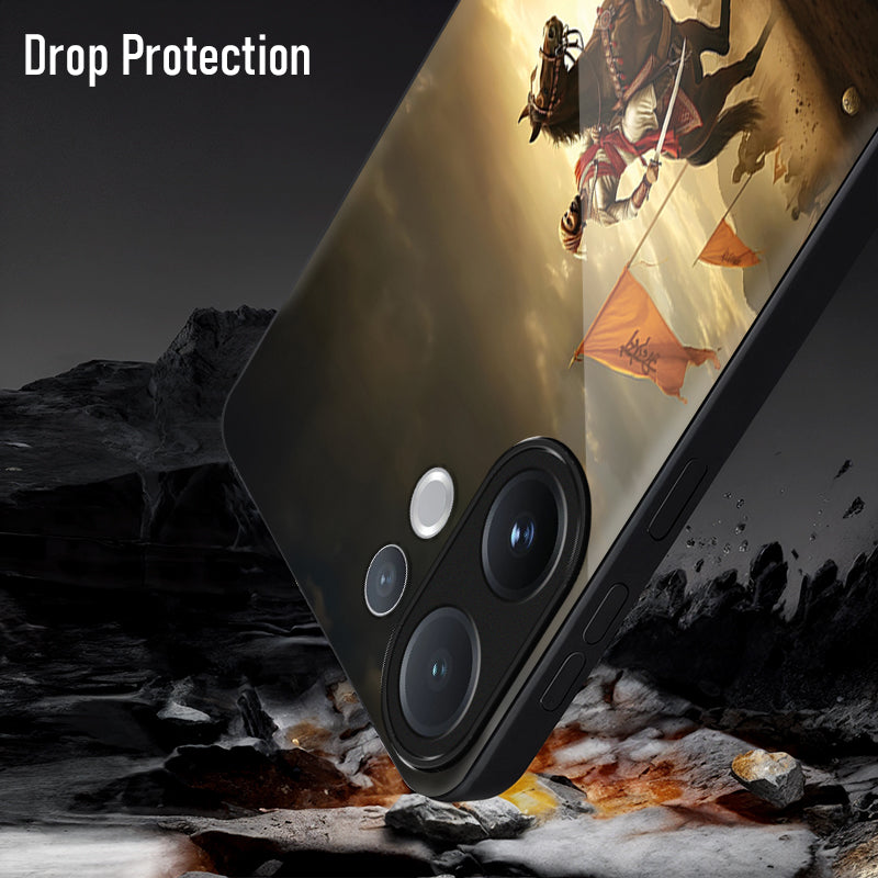 Phone case with drop protection feature shown on a rocky landscape