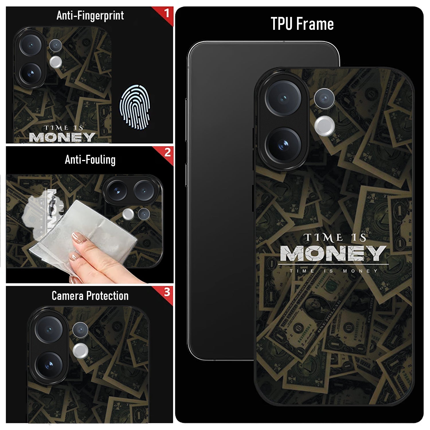 Vivo V60 5G Phone case with 'Time is Money' design, featuring anti-fingerprint, anti-fouling, and camera protection features.
