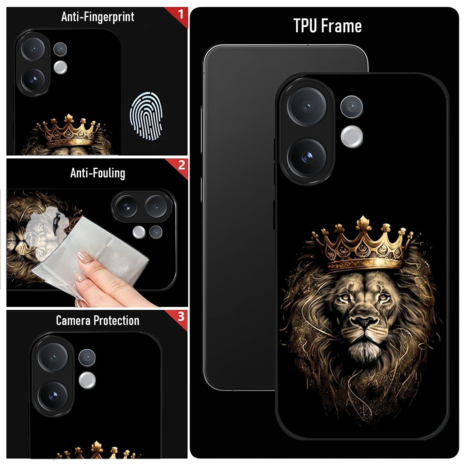 Vivo V60 5G Phone case with lion design and crown, featuring anti-fingerprint, anti-fouling, and camera protection features.