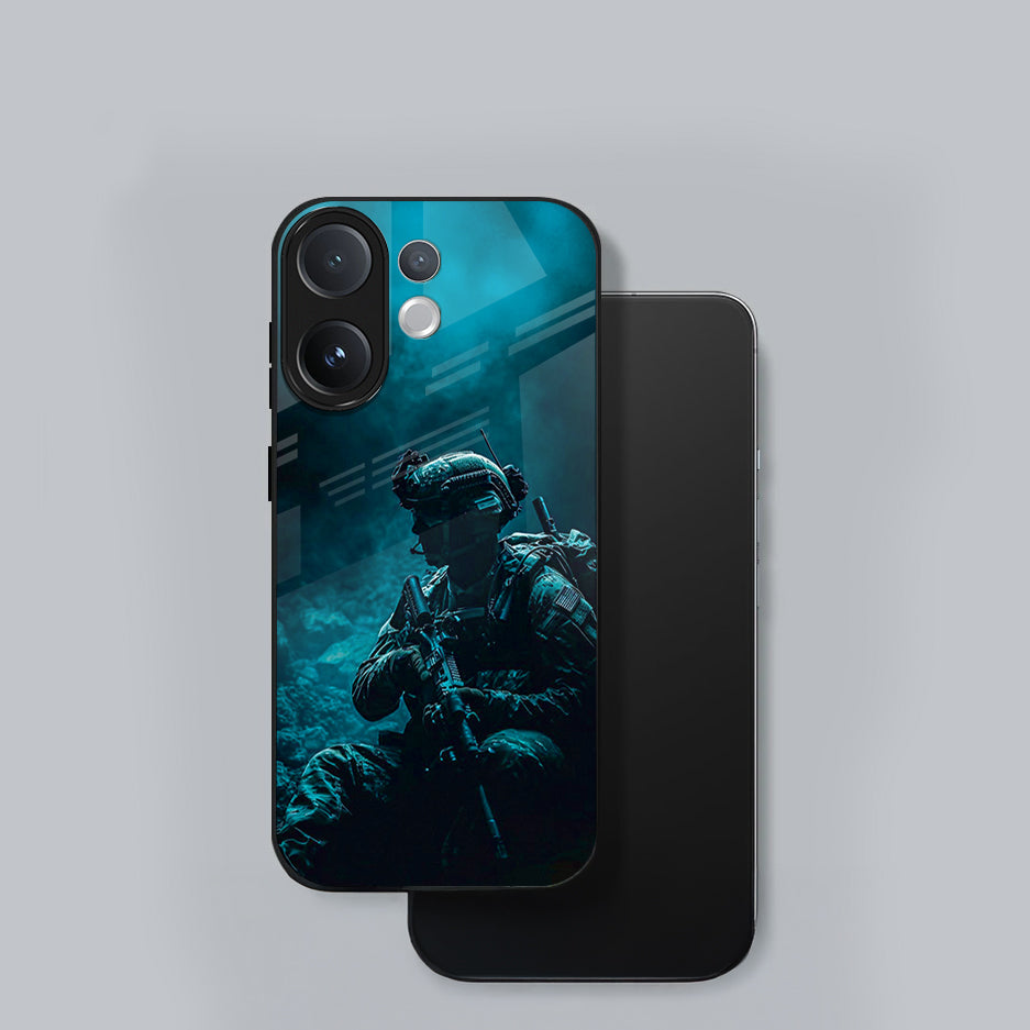 Vivo V60 5G Phone case with a soldier design on a gray background