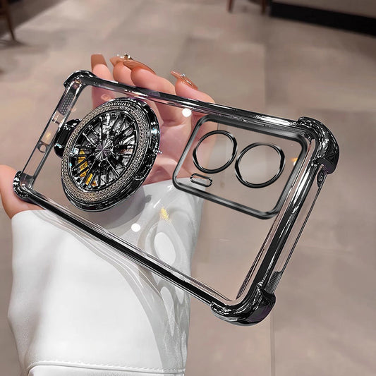 A clear plastic phone case with a rotating wheel design on the back, held in a person's hand.
