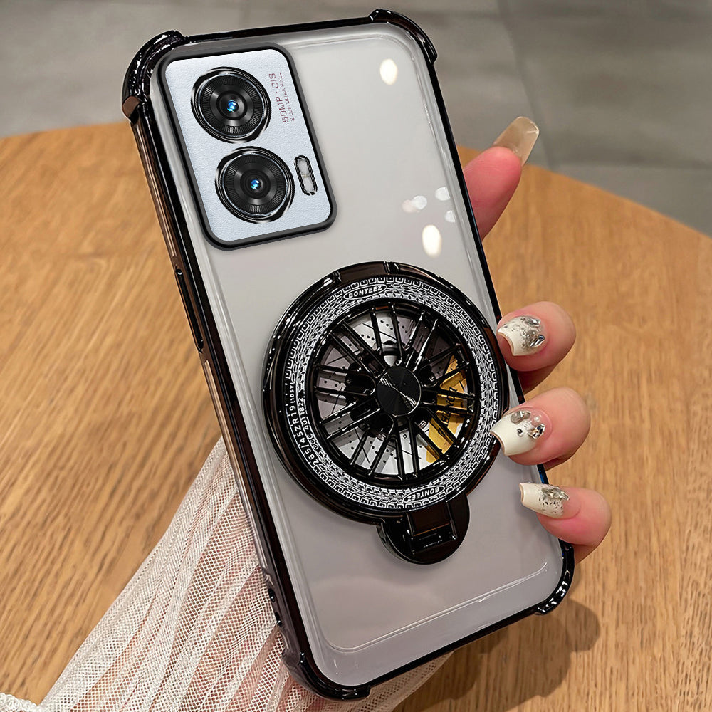 A clear plastic phone case with a rotating wheel design on the back, held in a person's hand.