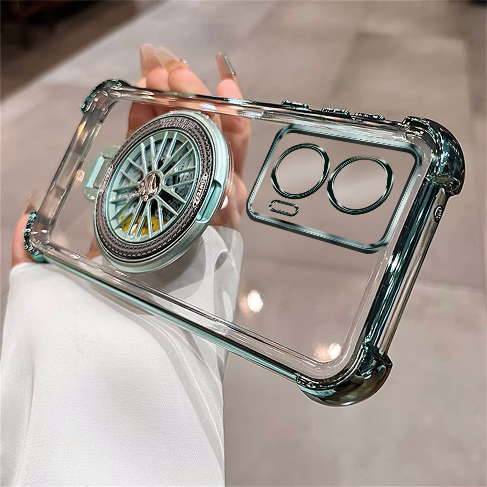 A clear plastic phone case with a rotating wheel design on the back, held in a person's hand.