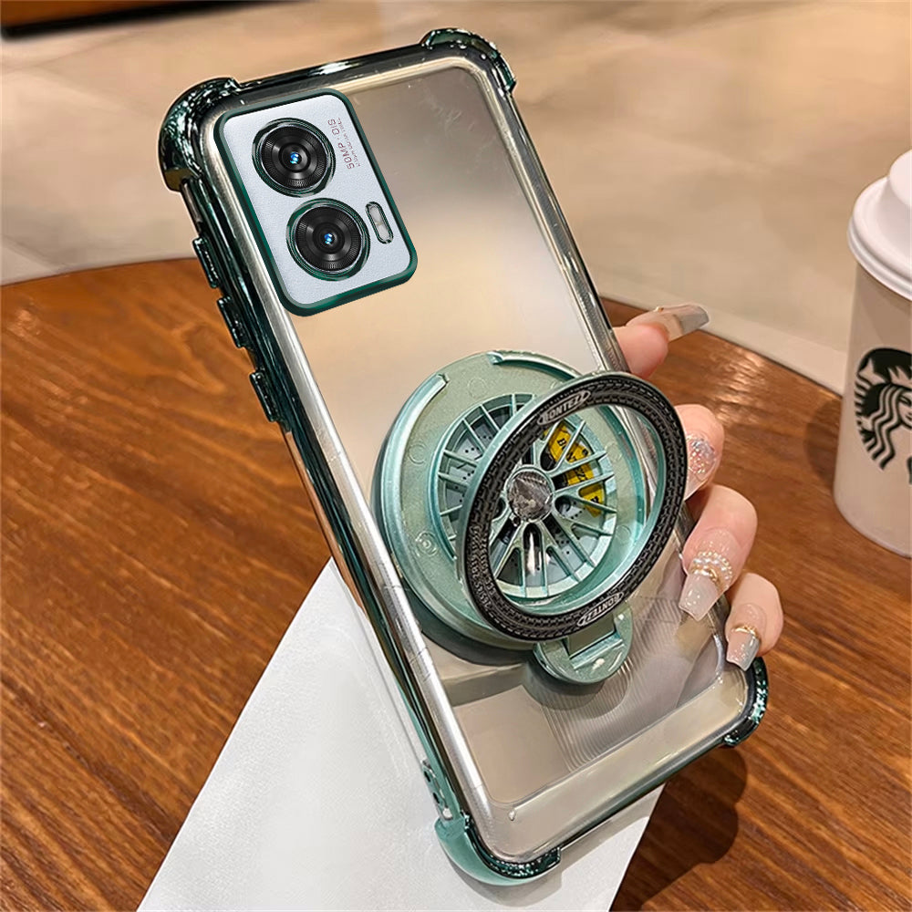 A clear plastic phone case with a rotating wheel design on the back, held in a person's hand.