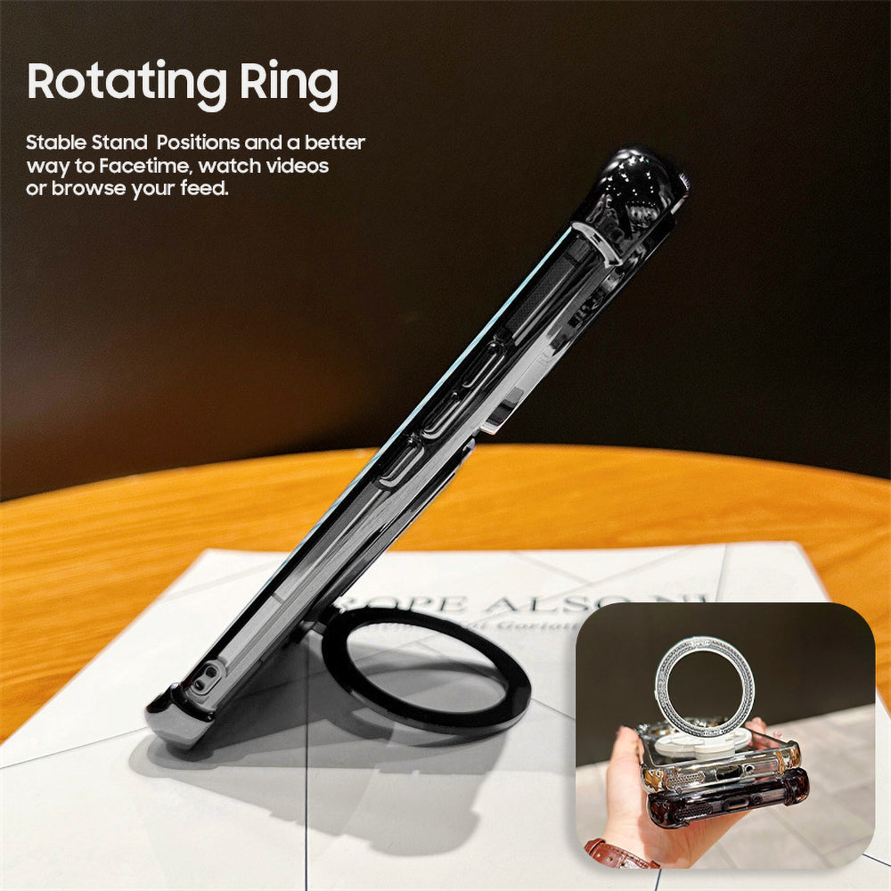 Phone case with camera lens design held by a hand on a wooden surface