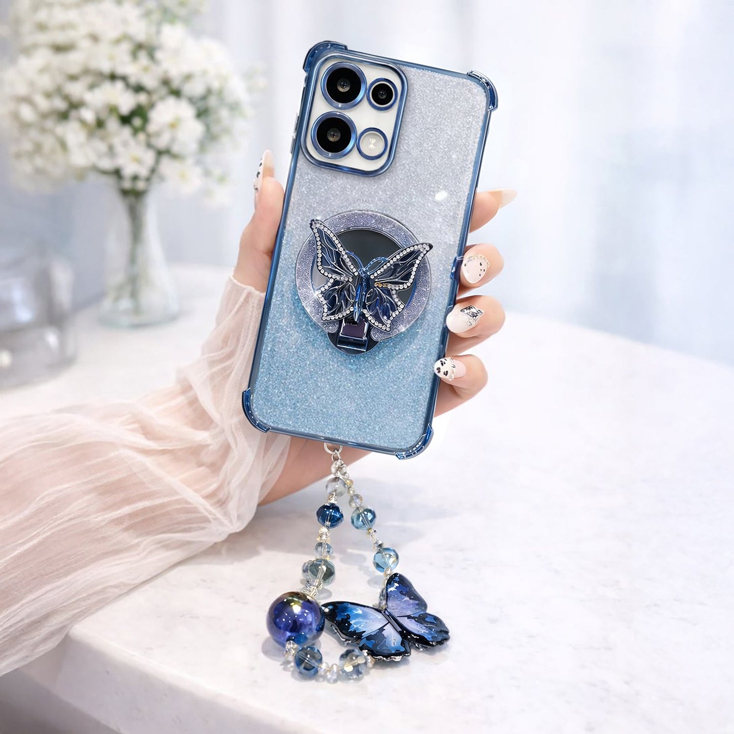 Oppo Reno 13 5G Shockproof Shimmer Butterfly Stand Case with Charm Strap