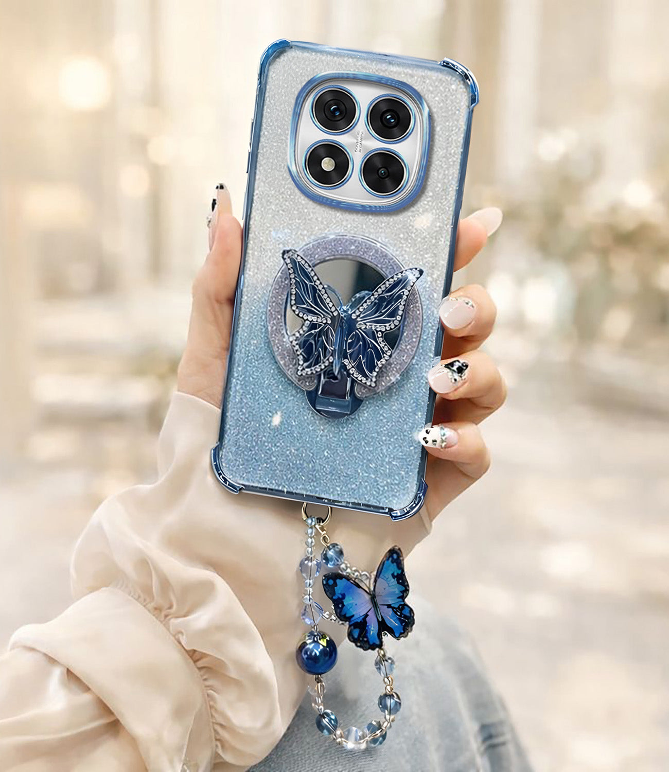 Redmi Note 14 Pro+ 5G Shockproof Shimmer Butterfly Stand Case with Charm Strap