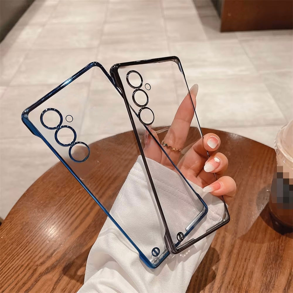 A hand holding a Samsung Galaxy S23+ 5G smartphone with a clear case that has blue accents around the edges.