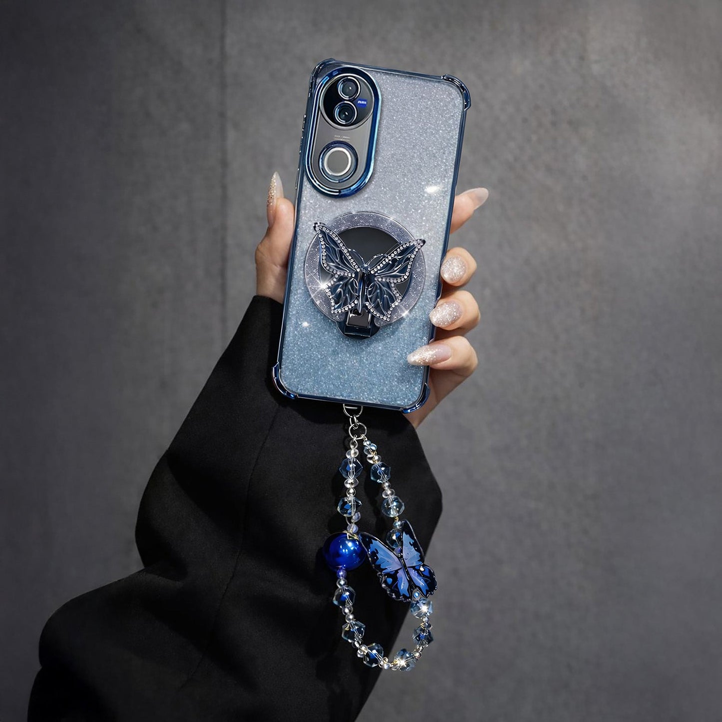 Vivo V50 5G Shockproof Shimmer Butterfly Stand Case with Charm Strap