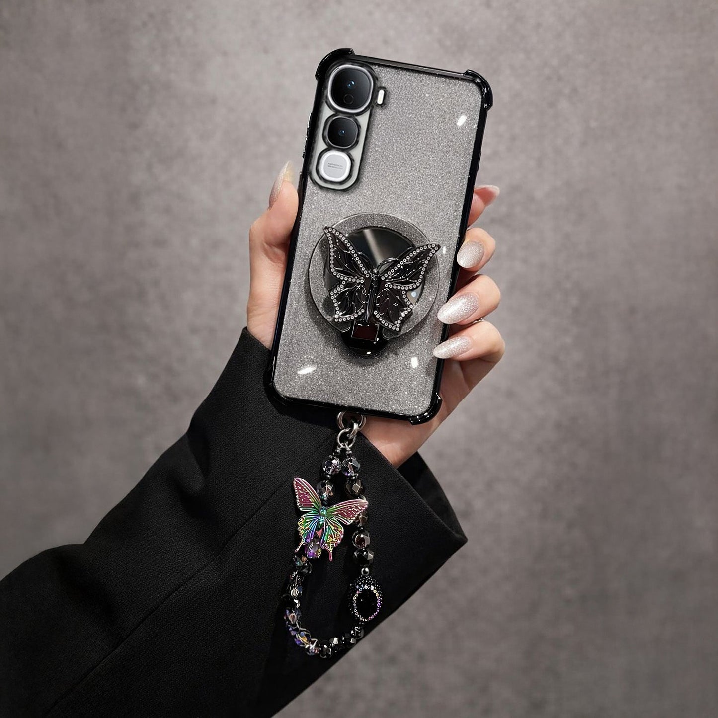 Vivo Y400 Pro 5G Shockproof Shimmer Butterfly Stand Case with Charm Strap