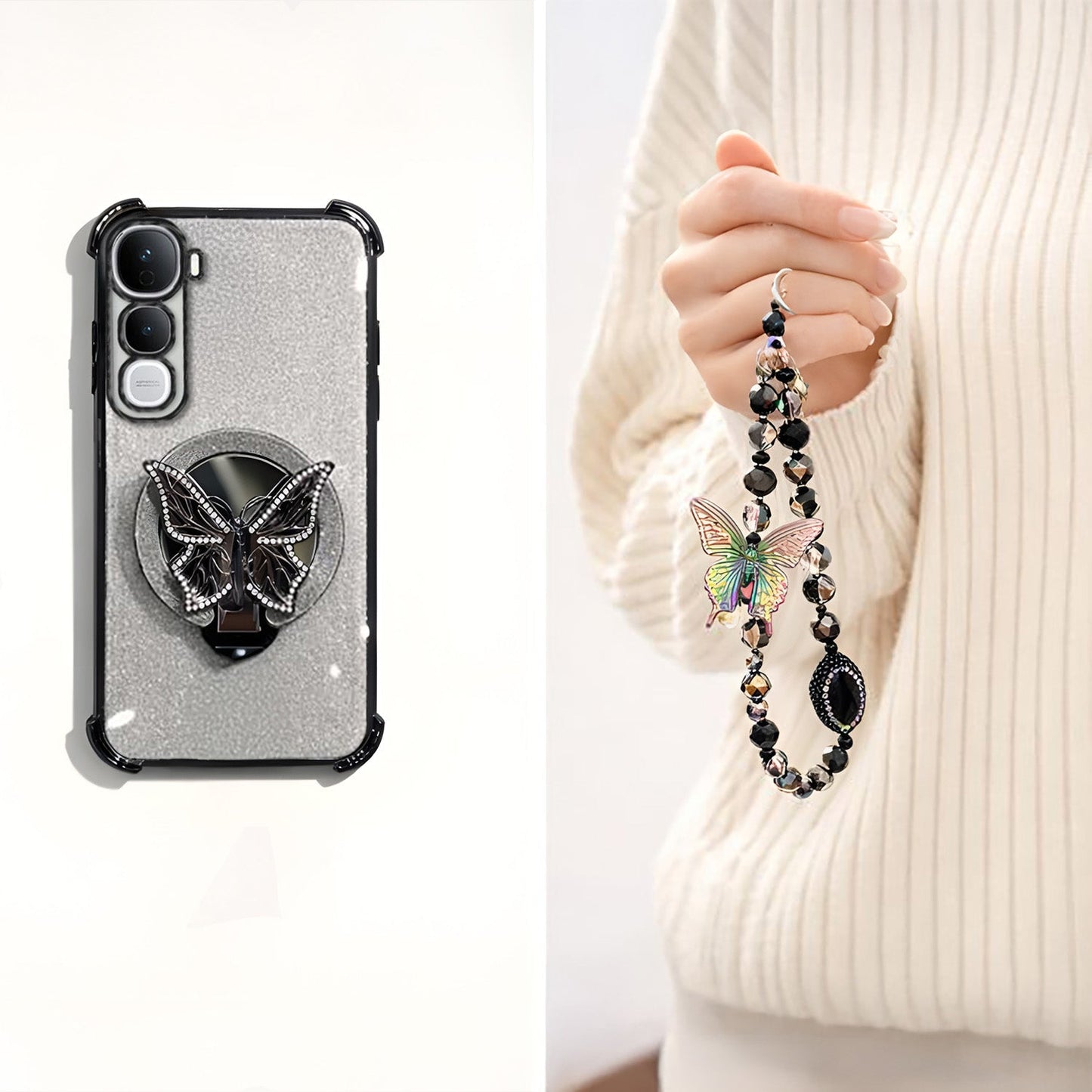 Vivo Y400 Pro 5G Shockproof Shimmer Butterfly Stand Case with Charm Strap