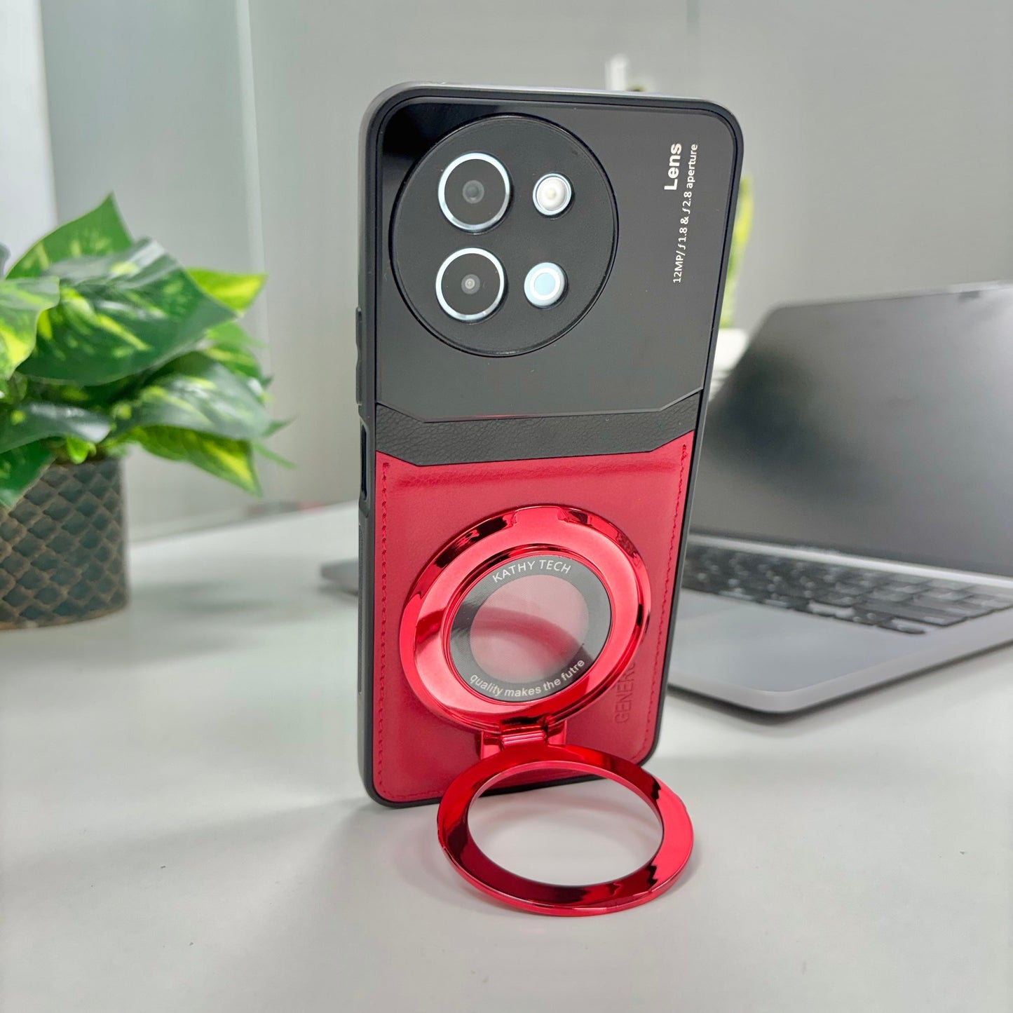 Vivo Y58 5G Original Luxury Leather Lens Magnifier Ring Stand Case