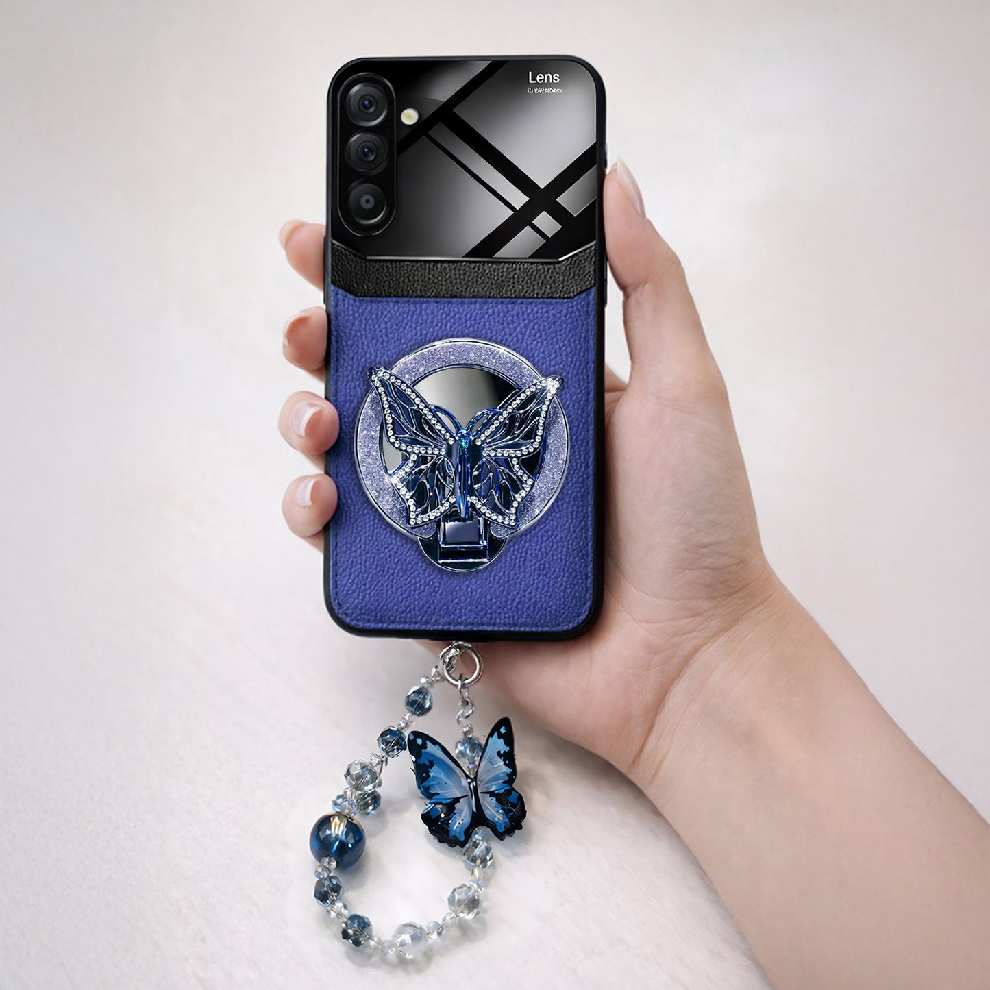 Samsung Galaxy A16 5G Premium Leather Lens Butterfly Stand Case with Charm Strap