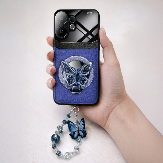 Vivo V60 5G Premium Leather Lens Butterfly Stand Case with Charm Strap