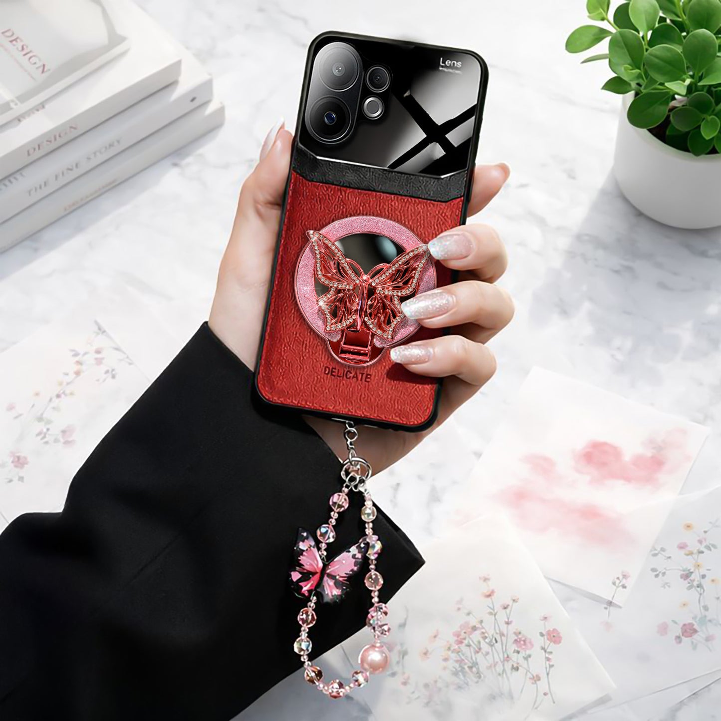 Vivo V60 5G Premium Leather Lens Butterfly Stand Case with Charm Strap