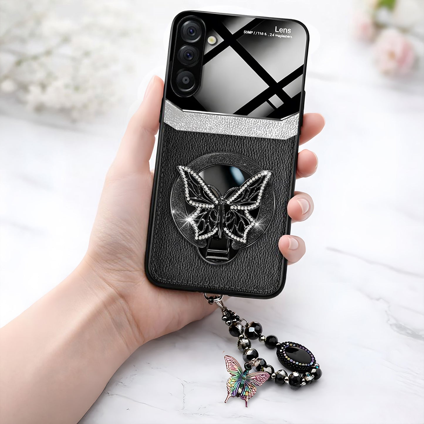 Samsung Galaxy A16 5G Premium Leather Lens Butterfly Stand Case with Charm Strap