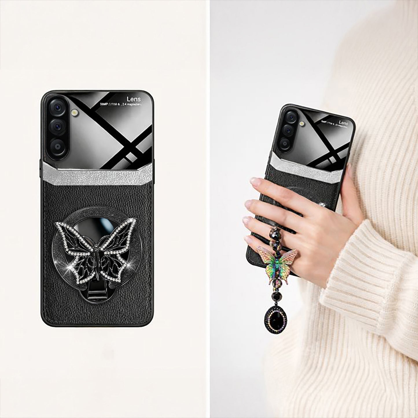 Samsung Galaxy A16 5G Premium Leather Lens Butterfly Stand Case with Charm Strap