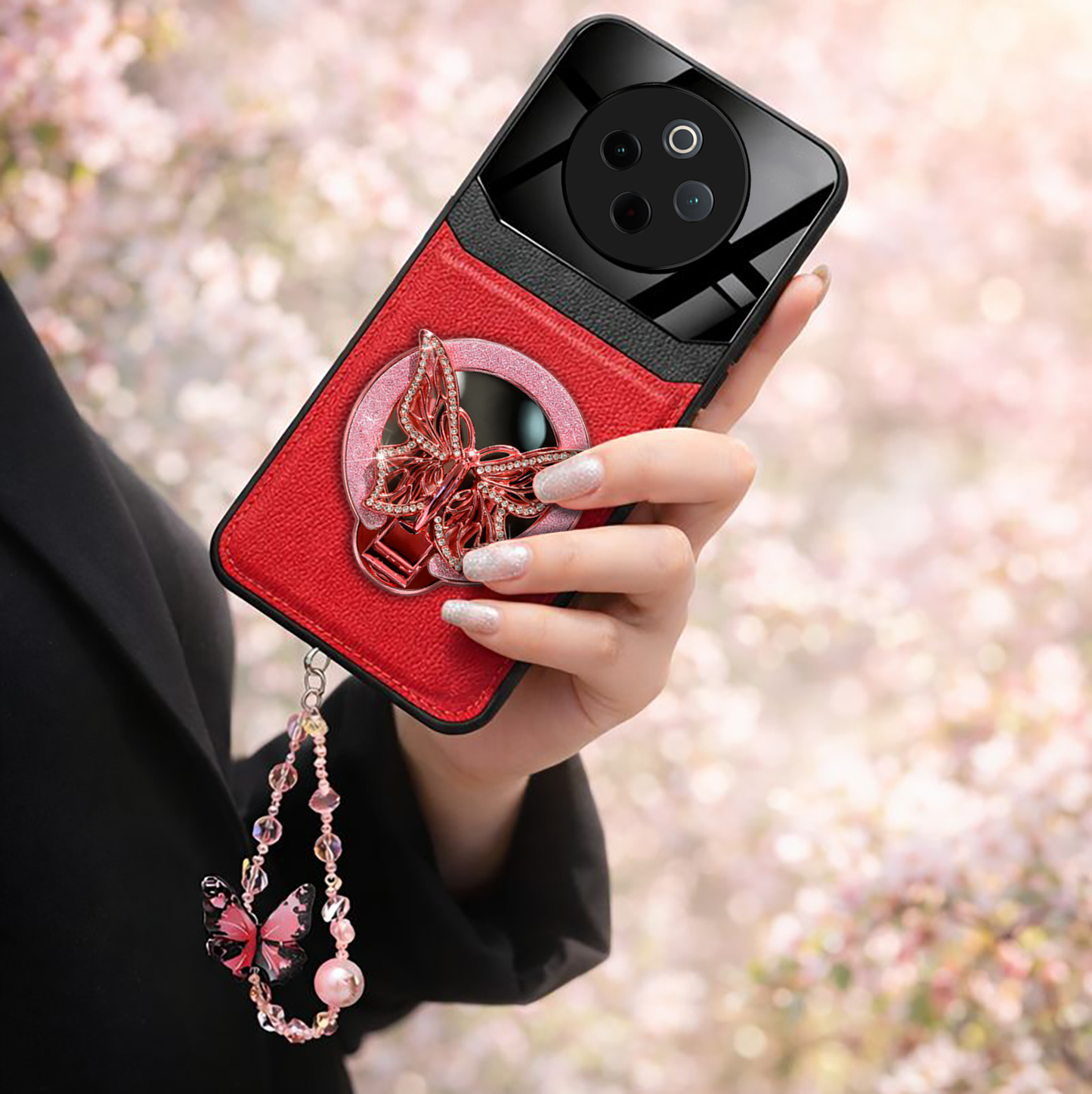 Vivo T4 5G Premium Leather Lens Butterfly Stand Case with Charm Strap