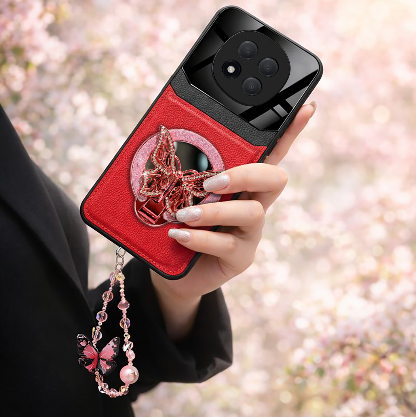 Redmi Note 14 Pro Plus 5G Premium Leather Lens Butterfly Stand Case with Charm Strap