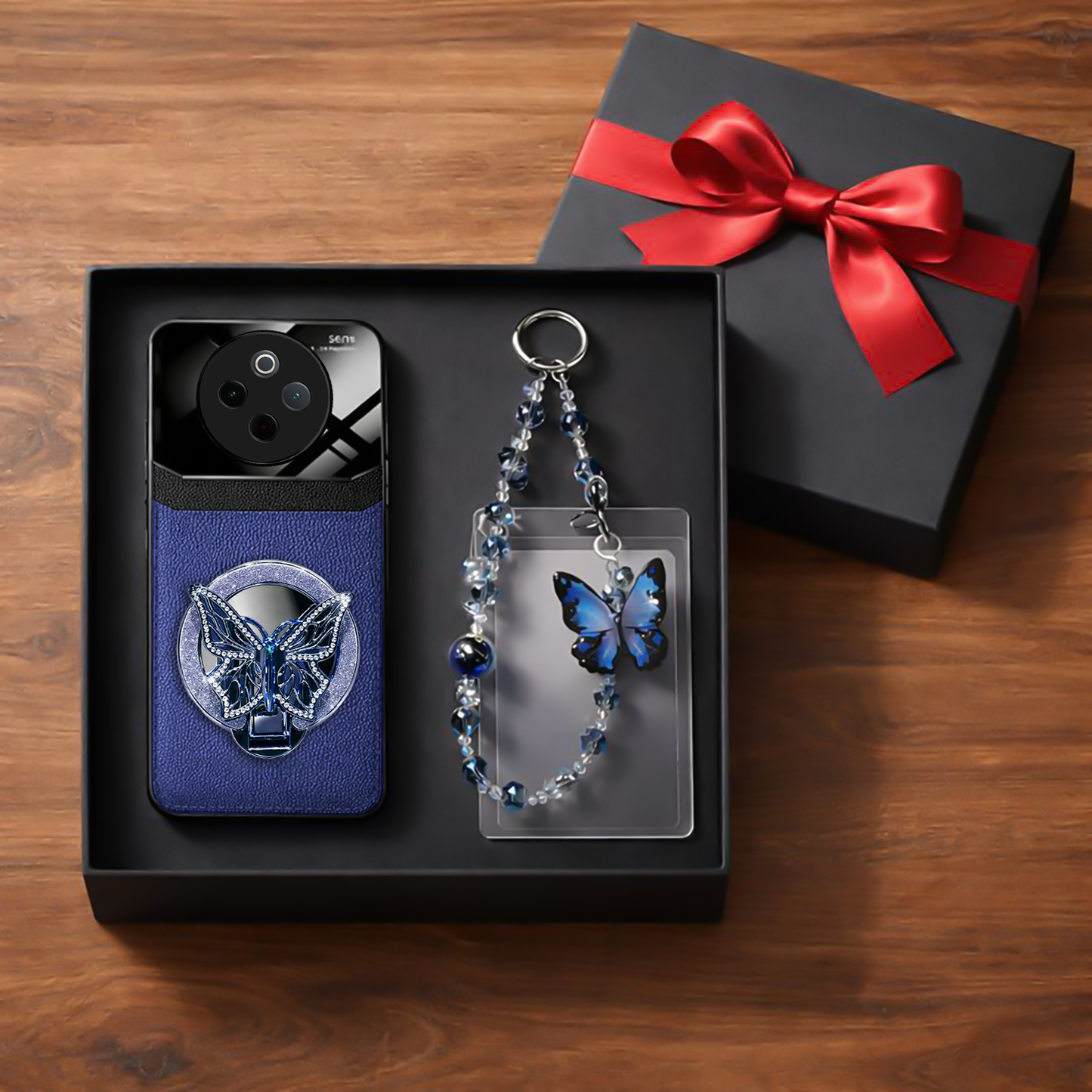 Vivo T4 5G Premium Leather Lens Butterfly Stand Case with Charm Strap