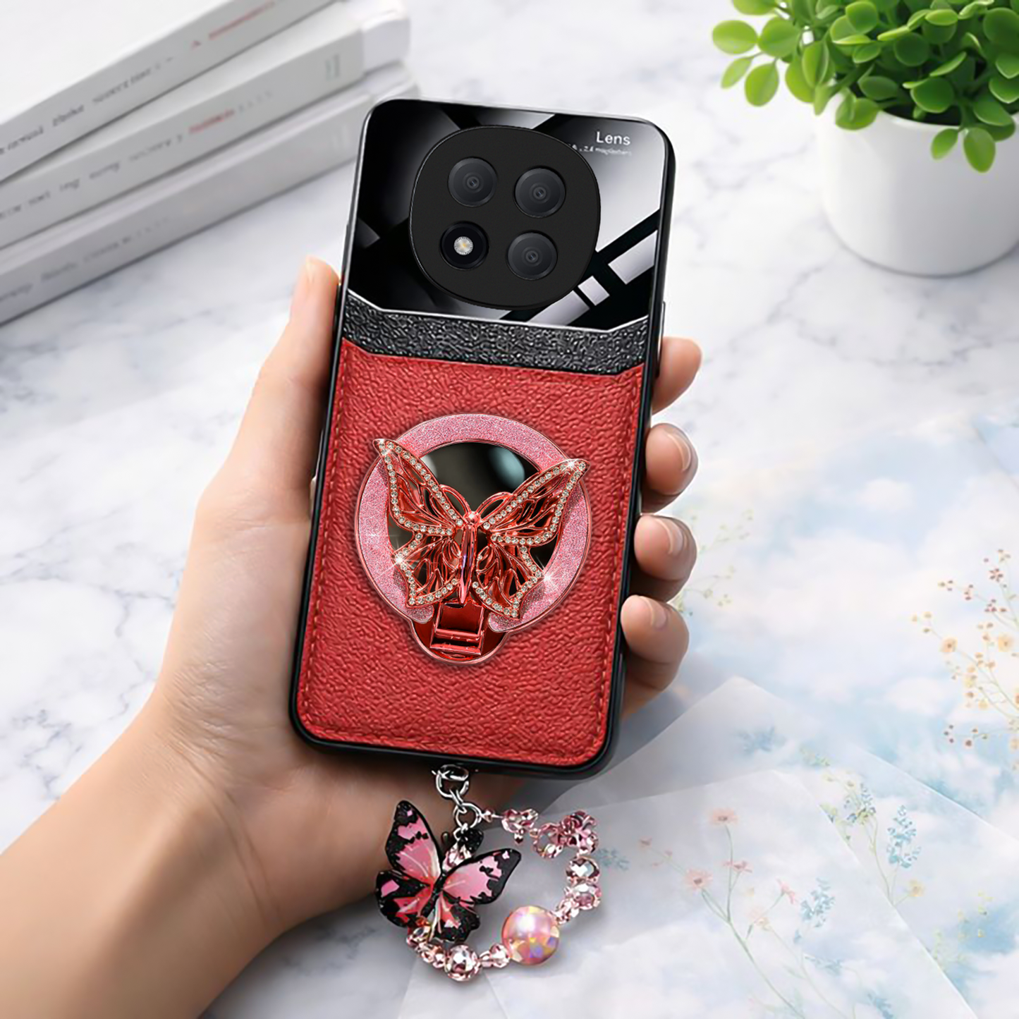 Redmi Note 14 Pro Plus 5G Premium Leather Lens Butterfly Stand Case with Charm Strap